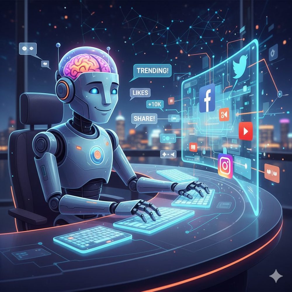 SNSを運用するAIのイラスト